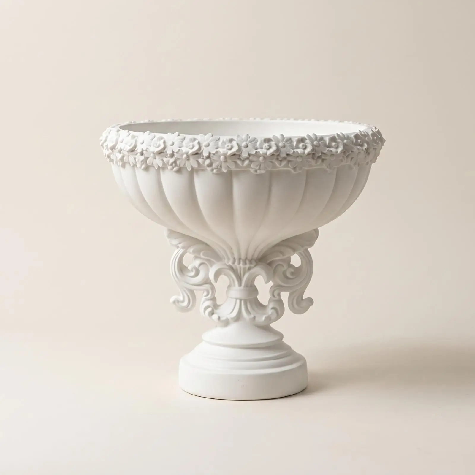 Elegant Decorative Planter Pot with Carved Scrollwork Base for Showcasing Artificial Flowers or Greenery
