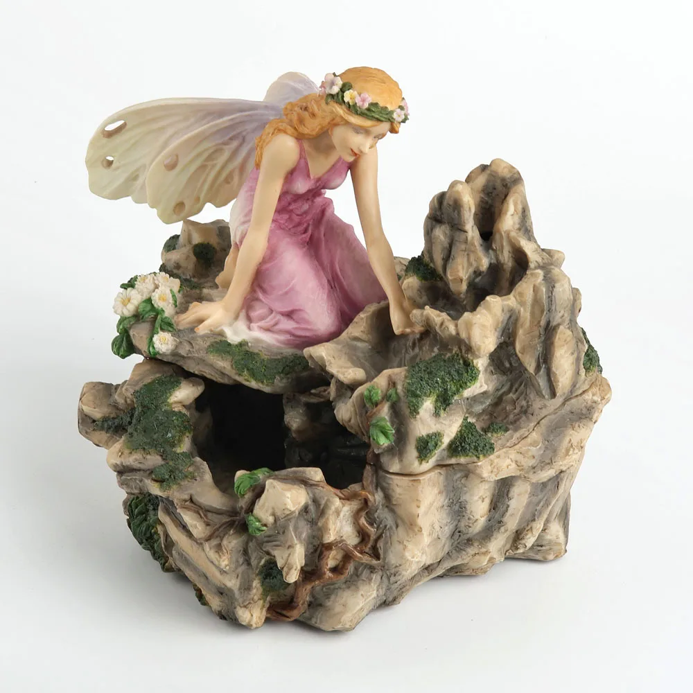 Leaning Pink Dress Fairy Figurine with Translucent Wings and Flower Wreath on Moss Rocky Cave Base Elf Statue Home Garden Decor