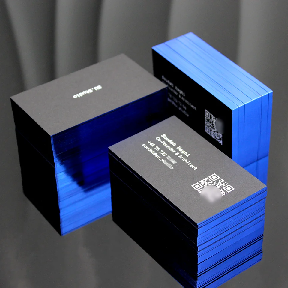 Custom LOGO Print Black Card Business Card Specialty Paper Blue Golden Edge Gilt the Border Company Supplies with QR Code