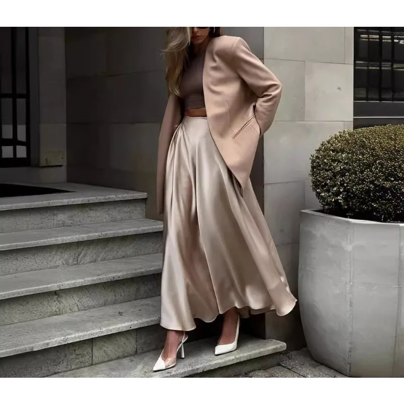 

Атласная юбка длиной до пола с высокой талией для женщин, трапециевидные деловые повседневные юбки из полиэфирного волокна, весна 202, Faion