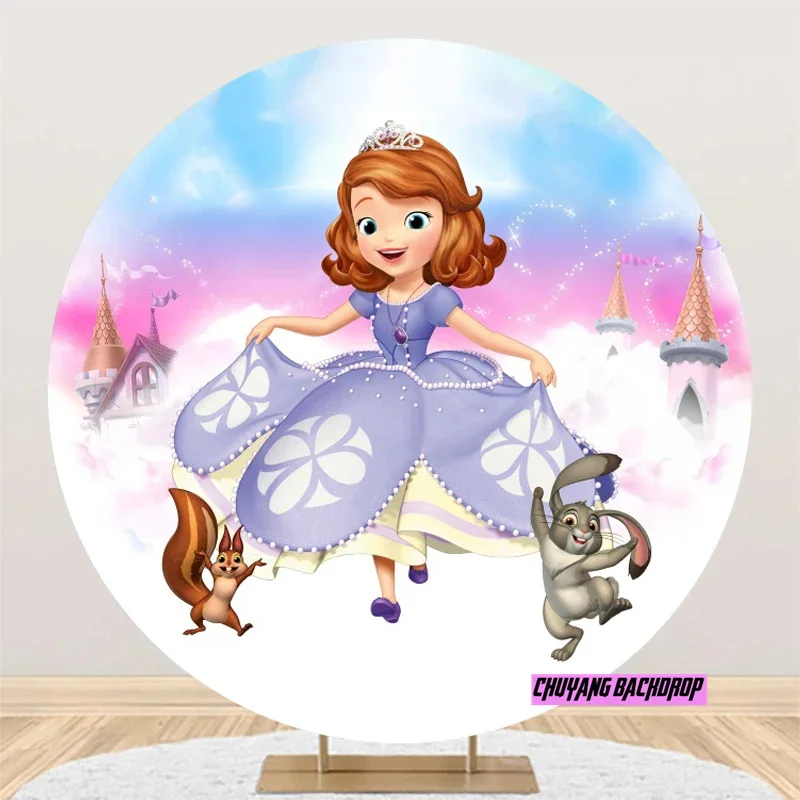 Little Cute Princess Sofia Castle Circle Backdrop Baby Shower Girl Birthday Party Decor Photo Round Background Elastic Banner