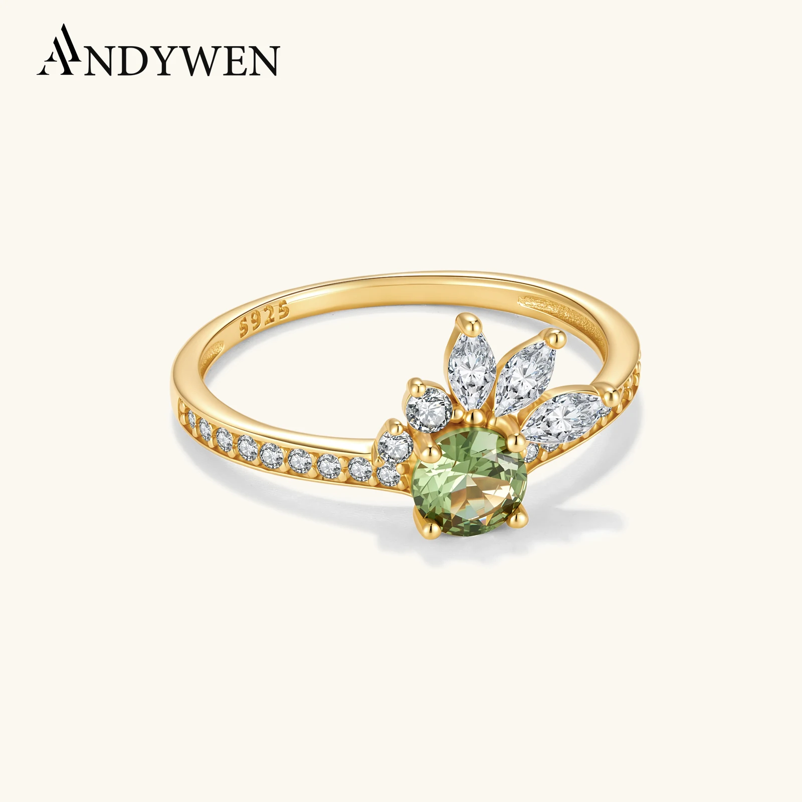 ANDYWEN 925 Sterling Silver Round Green Marquise Zircon With CZ Leaf Cluster Ring 2026 Elegant Wedding Delicate Jewelry Gift