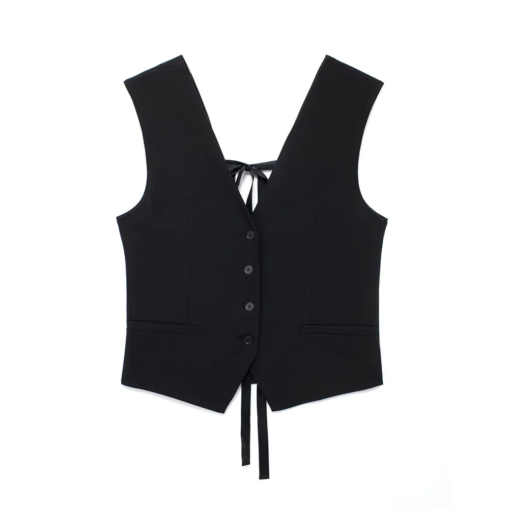 

Summer New Product Women's Open Back Design V-neck Sleeveless Top with Back Bow Straight Tank Top