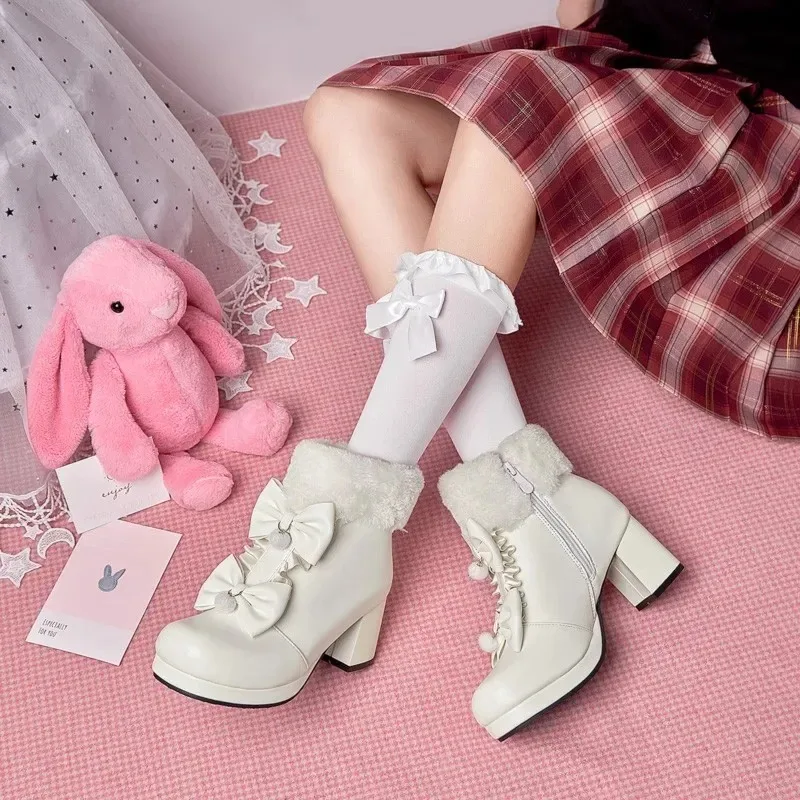 2025 Winter Womens Fashion High Heel Boots Pink White Black Fur Tassel Bowtie Lovely Lolita Ladies Party Wedding Shoes Size 43