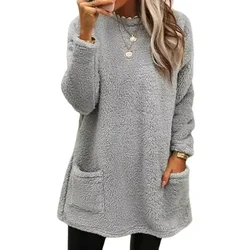 Autumn Winter O Neck Pullover Plush Hoodie Women Daily Commuter Casual Double Pockets Splice Hem Sweatshirt Female Long Warm Top