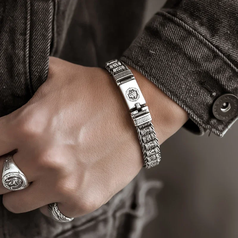 Buddhastone Silver Color New Passepartout Men's Bracelet Six-character Mantra Weaving Retro Chain Hand Jewelry