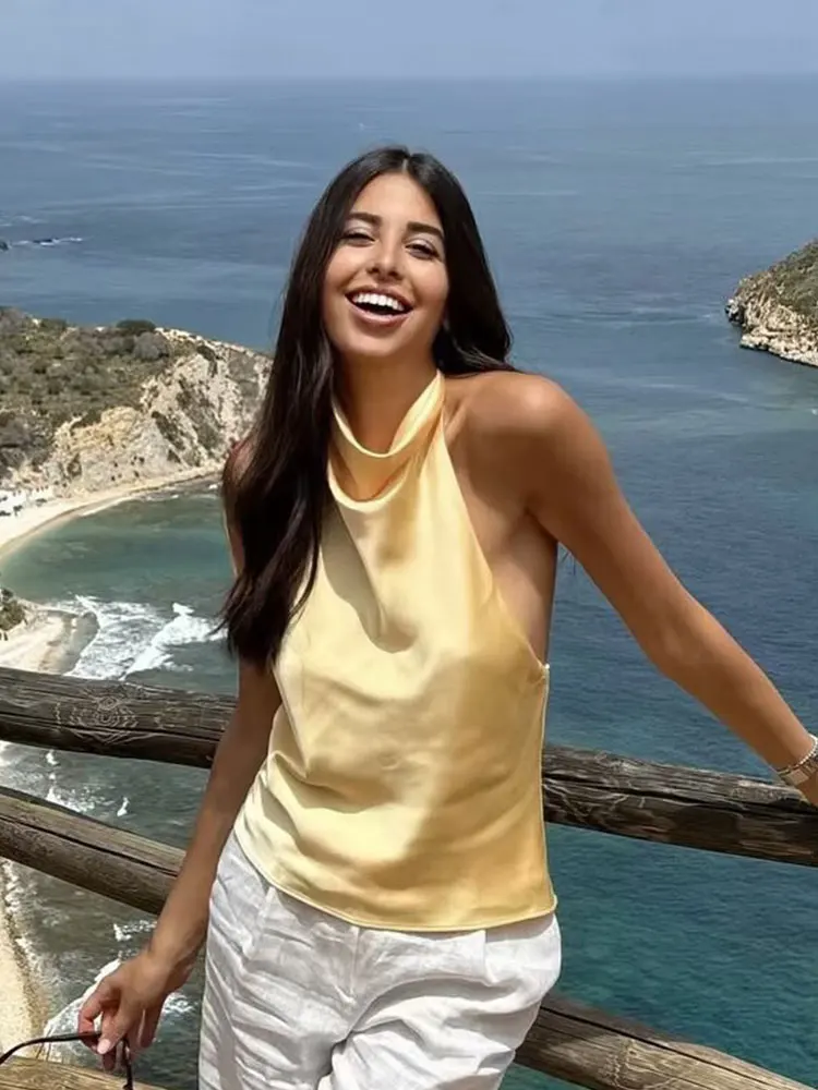 HH Frauen Elegante Casual Satin Neckholder Tops Sexy Off-Schulter Backless Tank Tops Mode High Street Lady Club Party tops