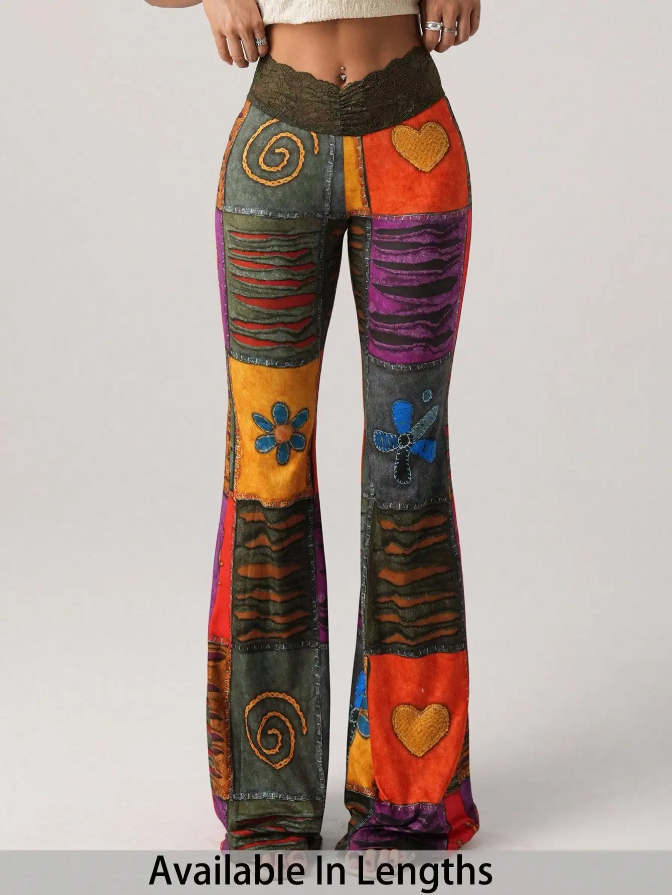 

Богемные лоскутные расклешенные брюки больших размеров с вышитыми сердечками и цветами, женские брюки-клеш с высокой талией