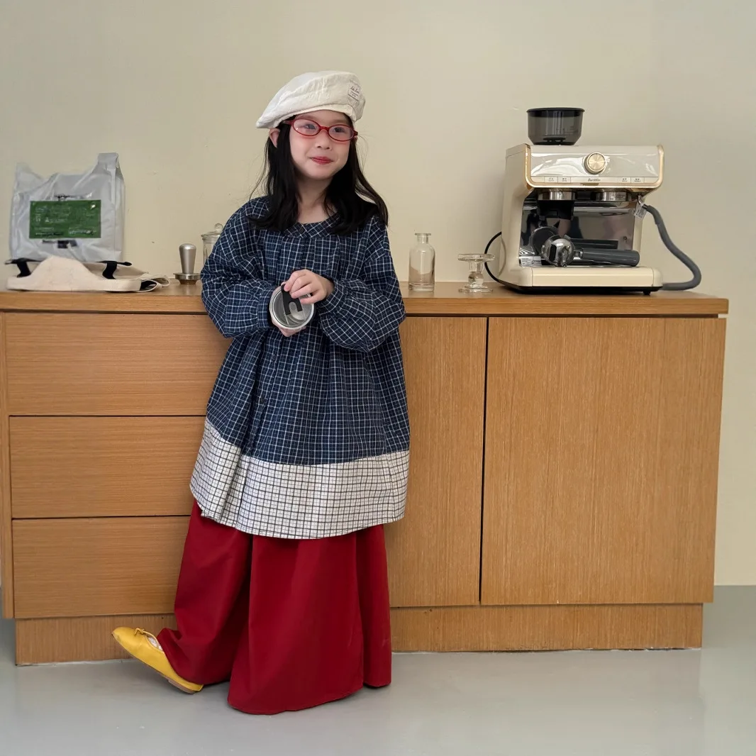 

2025 Girl Plaid Long Sleeve Shirt Korean Style Casual Oversized Top Childrens Loose Fit Blouse Toddler Autumn Cotton Comfortable