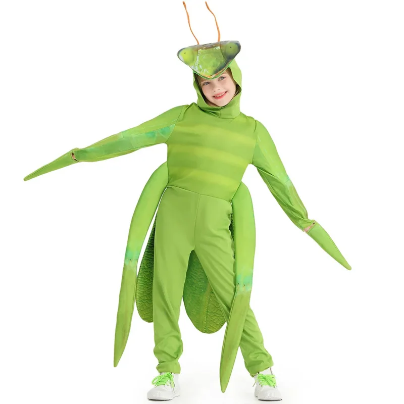 Insect Praying Mantis Cosplay Costume for Kids Green Jumpsuit Horse Mask Outfits Stage Performance Chritsmas Halloween Clothes