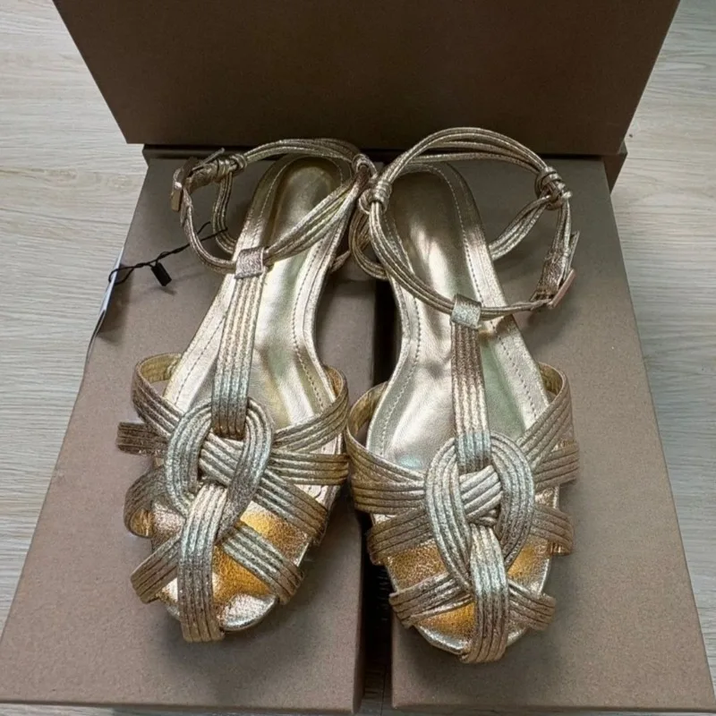 Sandalias de gladiador con correa trenzada dorada para mujer, zapatos de playa informales de marca calados transpirables de verano, calzado de vacaciones de fondo plano