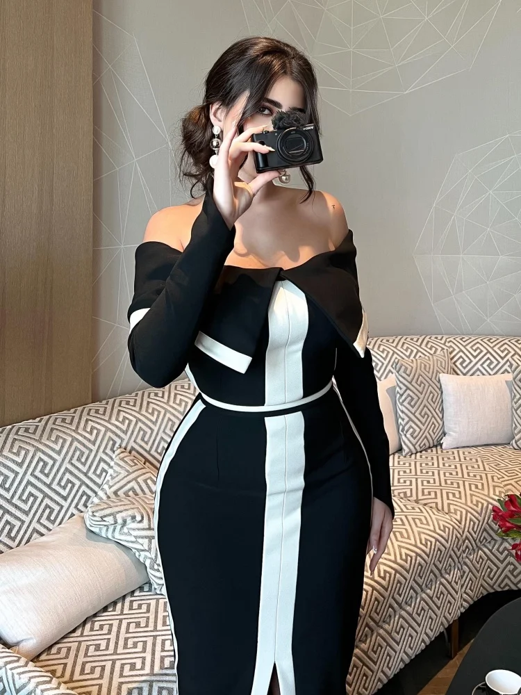 فستان VC Gala Glamour أبيض وأسود مكشوف الكتفين بدون ظهر مع فتحة عالية للثوب الرسمي