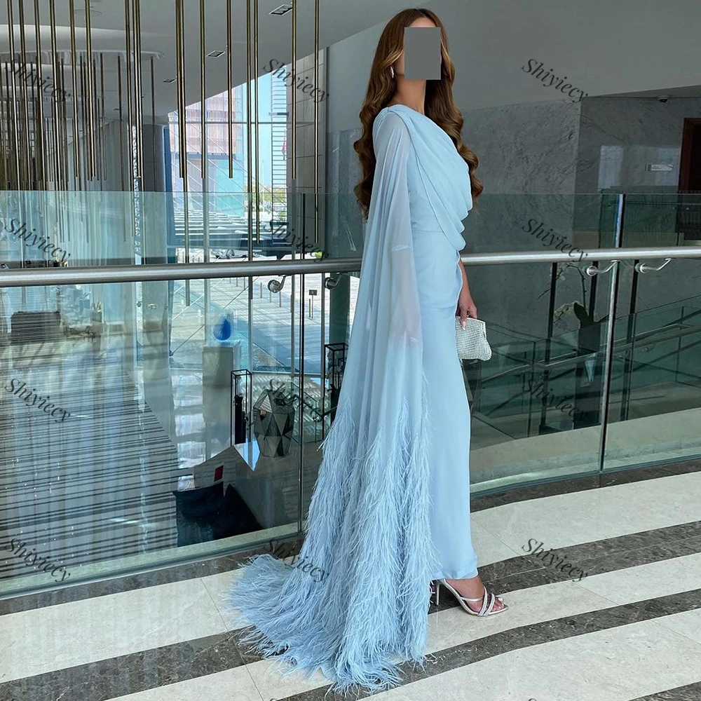 Sky Blue Chiffon Evening Dress Watteau Train with Feathers Shawl Straight Party Gowns Saudi Arabia Floor Length Prom Dress 2024