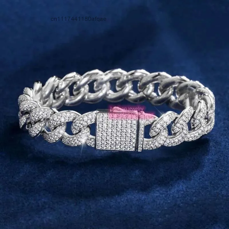 Custom Miami Cuban Chain 10mm Width Real 925 Silver 2 Rows d Color Diamond Moissanite Link Bracelet.