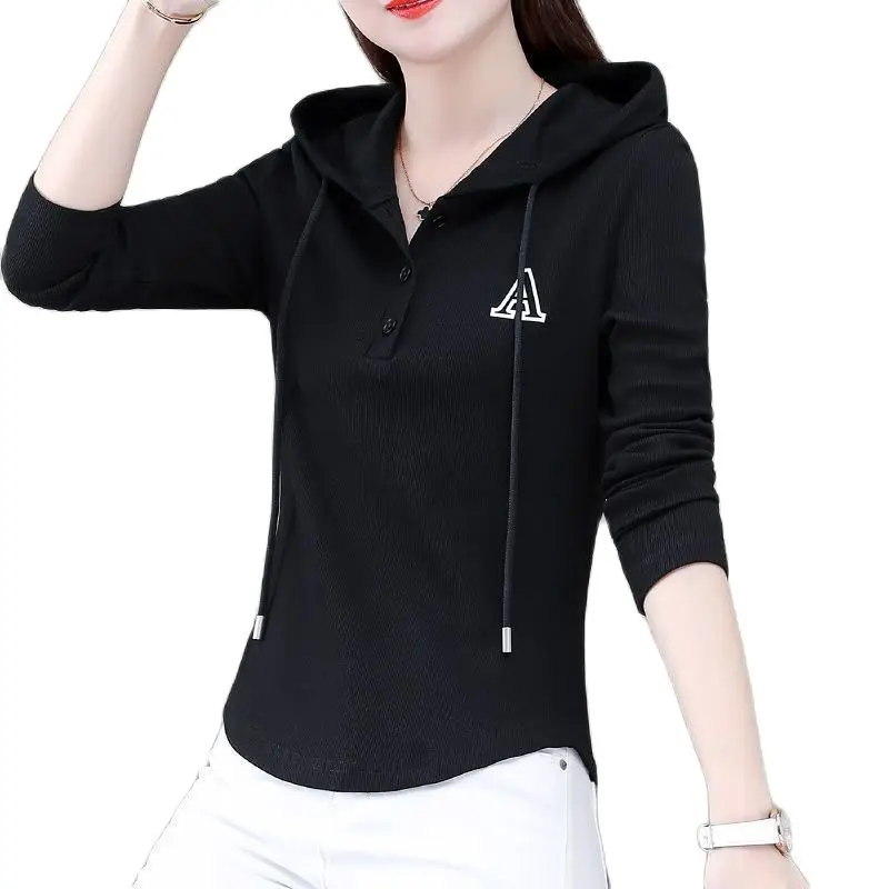 

Cotton Hooded Slim Long Sleeve Tshirt Female 2023 Spring And Autumn New Korean Fashion Agereducing Bottoming Shirt Autumn Clothe