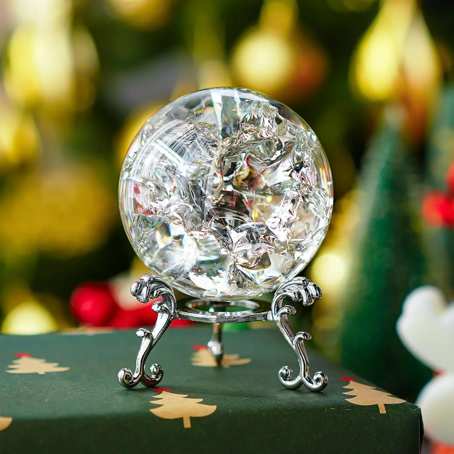 

6cm Ice Crack Crystal Ball Paperweight Crystal Glass Sphere with Metal Stand for Home Decoration Aquarium Ornament Accessory