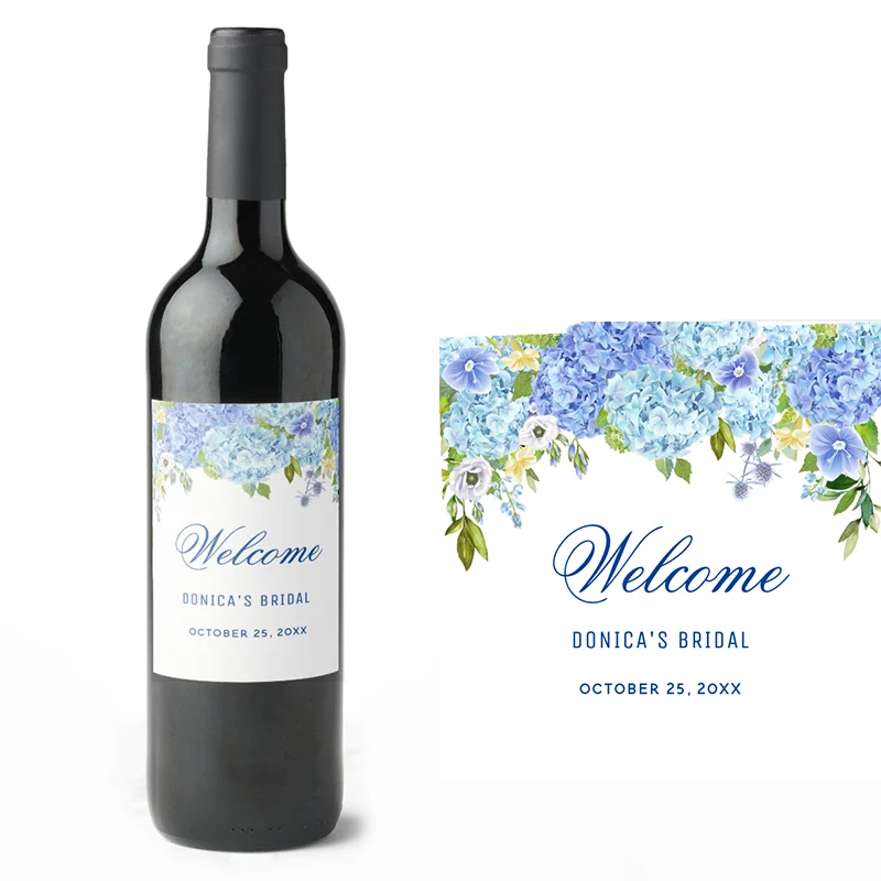 Customized Watercolor Wine Bottle Labels, Personalized Logo, Waterproof Packaging, Wedding Party Supplies, Blue, 18Pcs