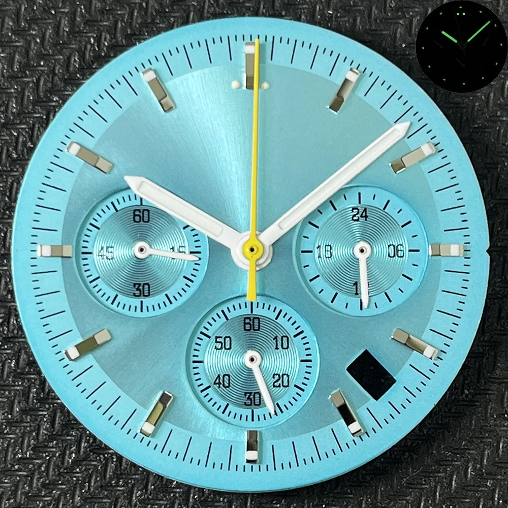 32.5mm VK63 Watch Dial Sterile Green Luminous with Date Window VK63 Quartz Movement Replacement Parts