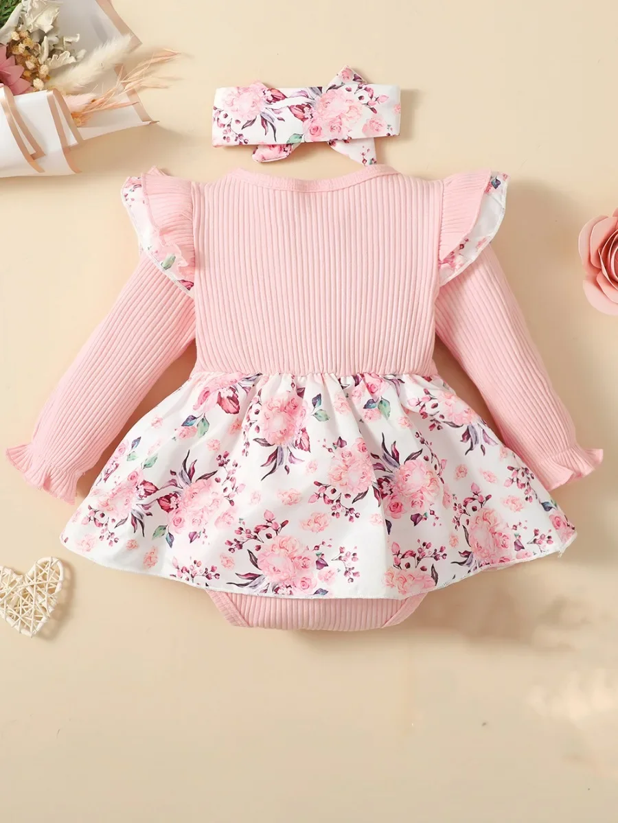2PCS Baby Girl Princess Romper Dress Long Sleeved Lovely Ribbed Floral Jumpsuit with Headband for Newborn Baby Girl 0-18 Months