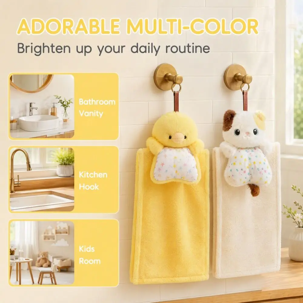 Cartoon Doll Hanging Hand Towel Plush Hanging Handkerchief Duckling Cat Cleaning Hand Cloth for Kitchen Bathroom