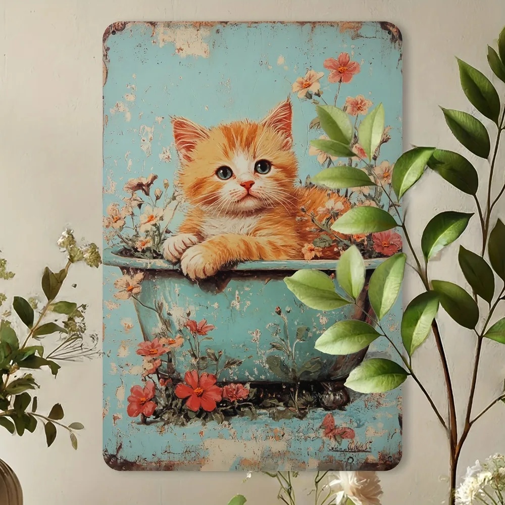 Vintage Bathtub Kitten Iron Metal Tin Sign 8x12inch Cute Wall Decor Plaque for Cafe Patio