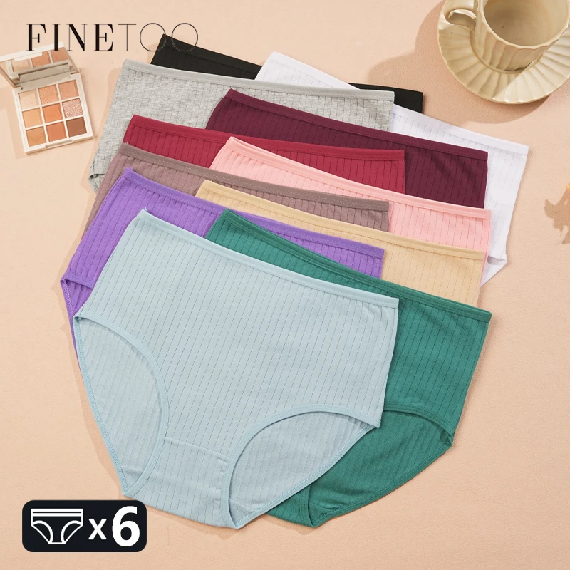 FINETOO 6 TEILE/SATZ Baumwolle Gestreiften frauen Unterwäsche Sexy Hohe Taille Höschen Solide Weiche Slip Weibliche Atmungsaktive Stretch Dessous