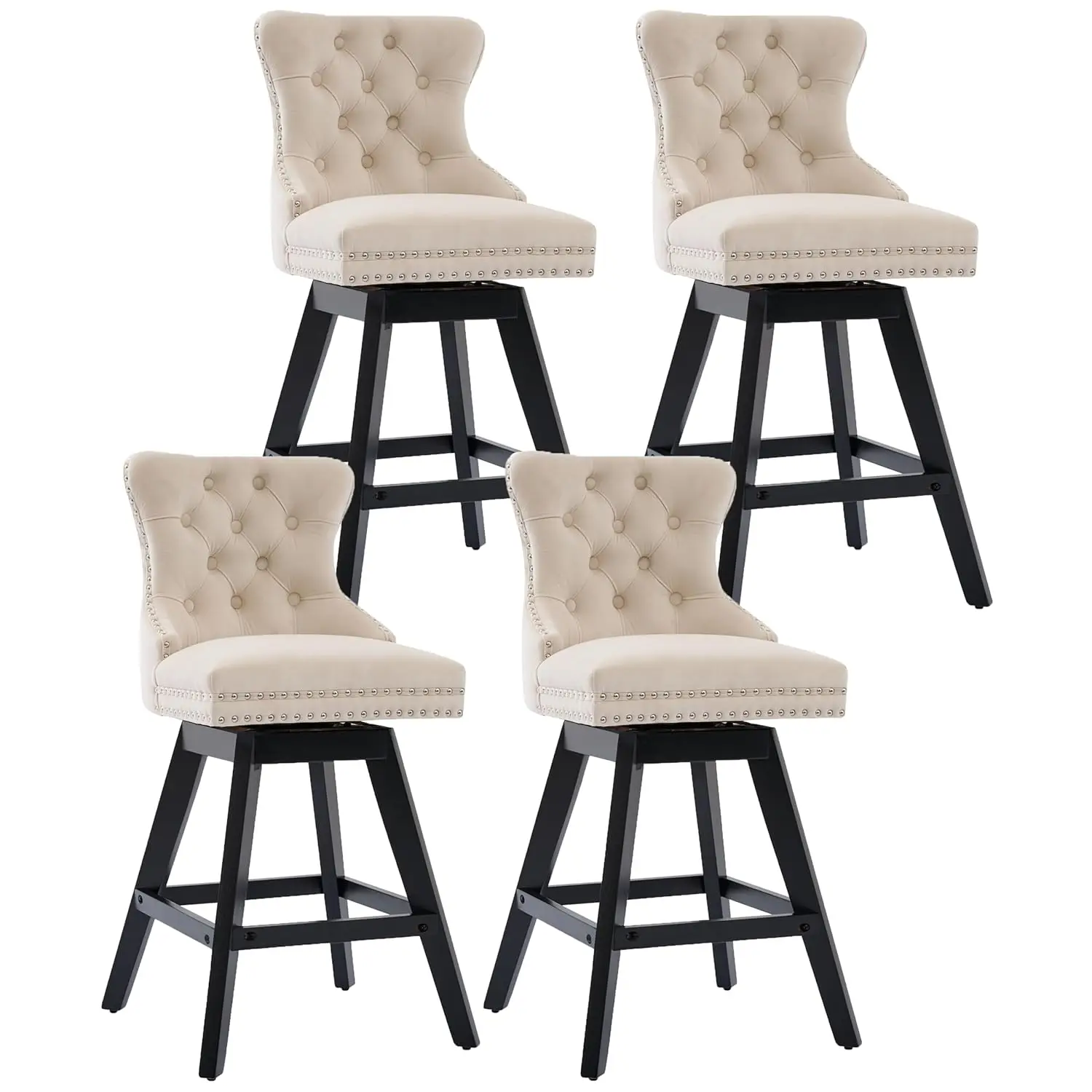 

Swivel Bar Stools Set of 4, Velvet Upholstered Barstools with Button Tufted Back, Wooden Legs & Nailhead, Customized