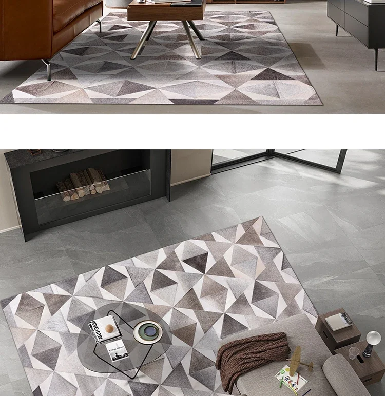 American Style Leather Rug Living Room Bedroom Personality Modern Geometry Tea Table Gray Cowhide Mosaic Carpet