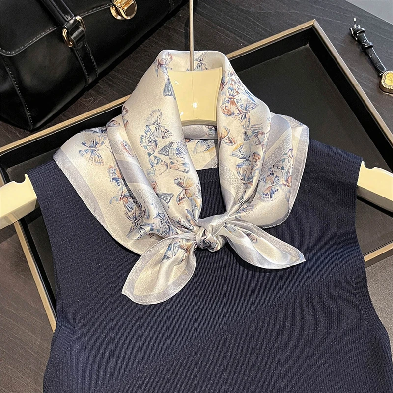 럭셔리 100% 실크 53*53cm 말 인쇄 스퀘어 스카프 여성 부드러운 새틴 헤어 밴드 Neckerchief Office Hijab Headband Foulard Gift