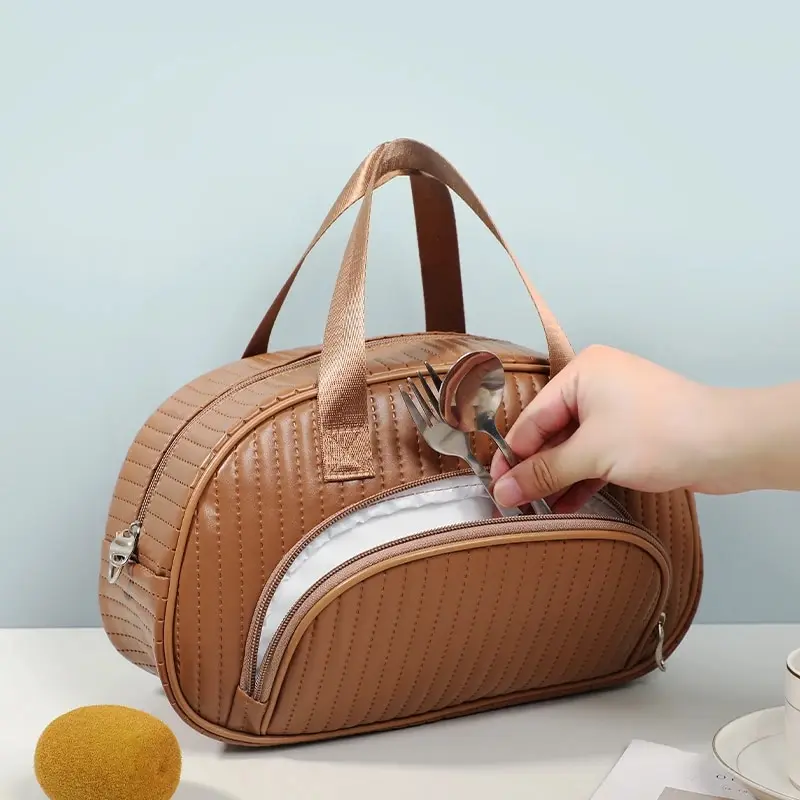 Lunch Bag for Women, Double Deck Lunch Box for Adults, PU Leather Lunch Tote Bag Insulated Lunch Bags for Work Office Picnic