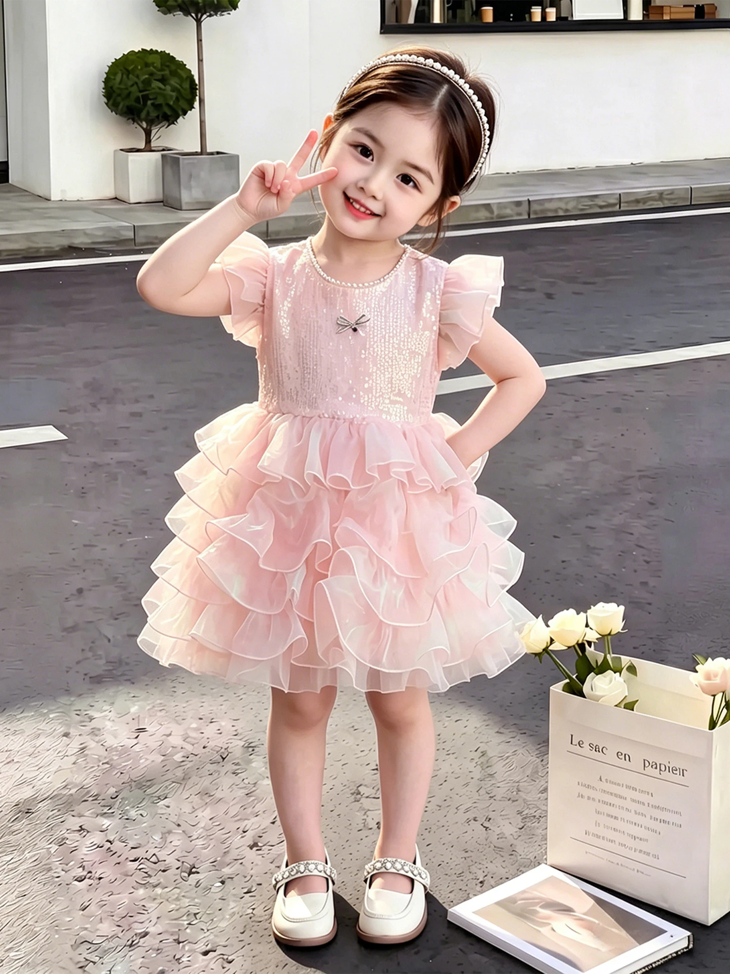 Vestido de Verão para Meninas em Malha Cloud, Saia Fofa Estilo Bolo, Vestido de Princesa Rosa Infantil com Detalhes em Lantej...