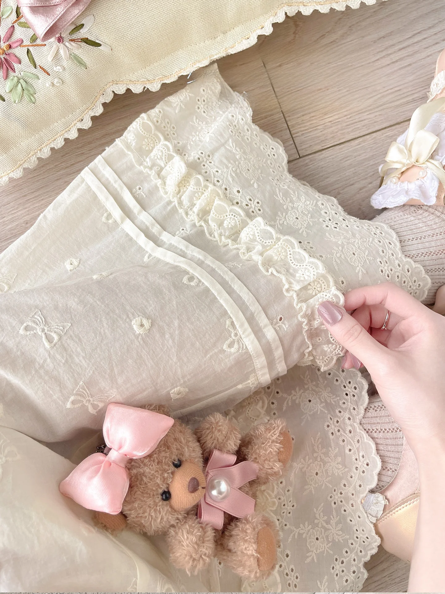 Sweet Lace Trim Embroidery Design High Waist Wide Leg Pants Women's Casual Summer Trousers Cotton Material Straight Cut