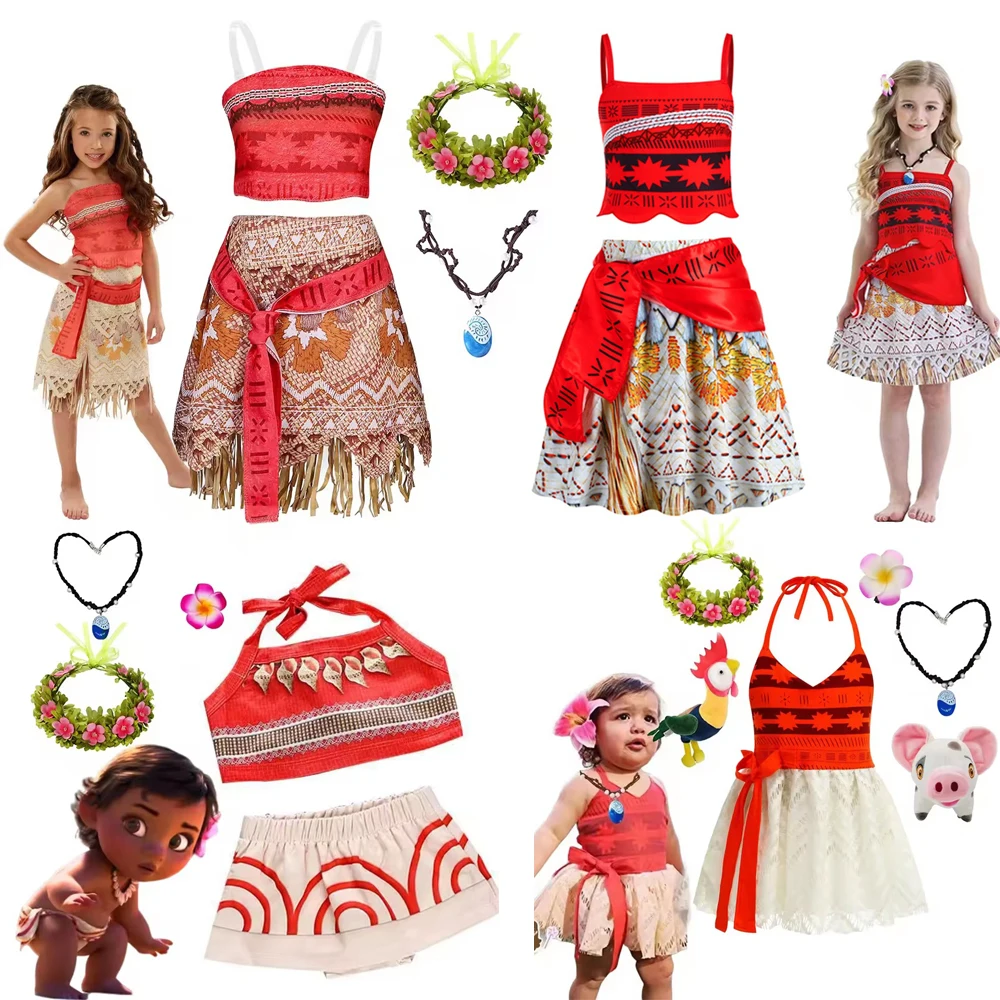 Moana Dress Kids Girls Children Cosplay Princess Birthday Carnival Party Costume with Necklace Flower Set Summer