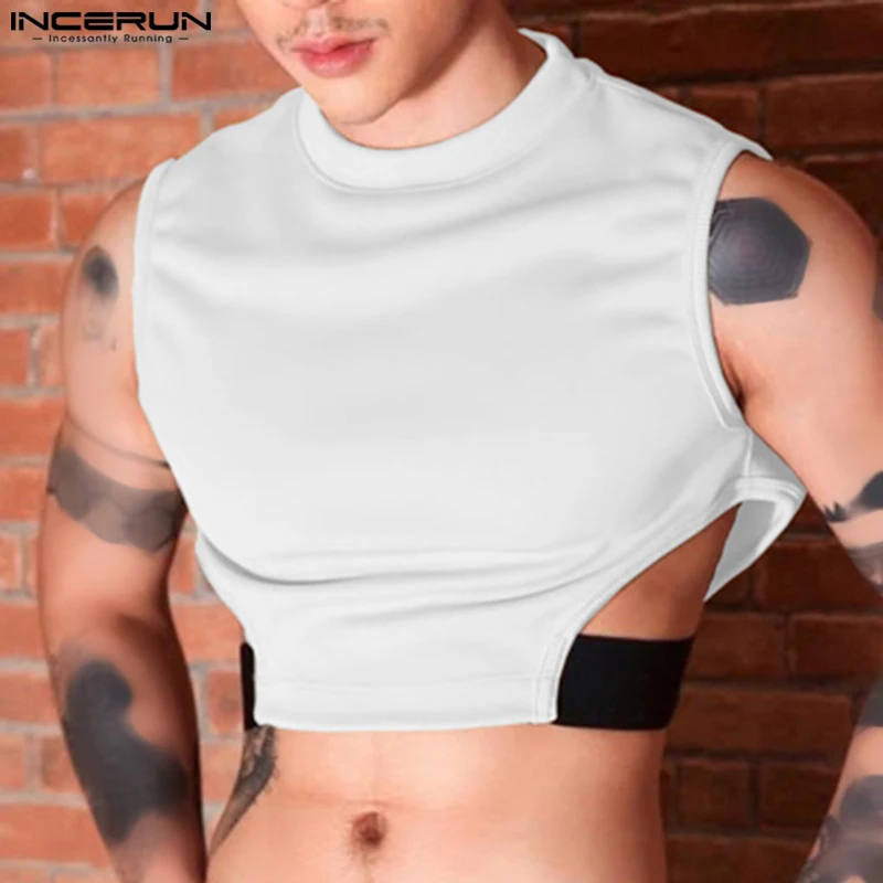 INCERUN 2023 Men Tank Tops Patchwork O-neck Sleeveless Sexy Fitness Hollow Out Vests Men Streetwear Fashion Crop Tops S-5XL