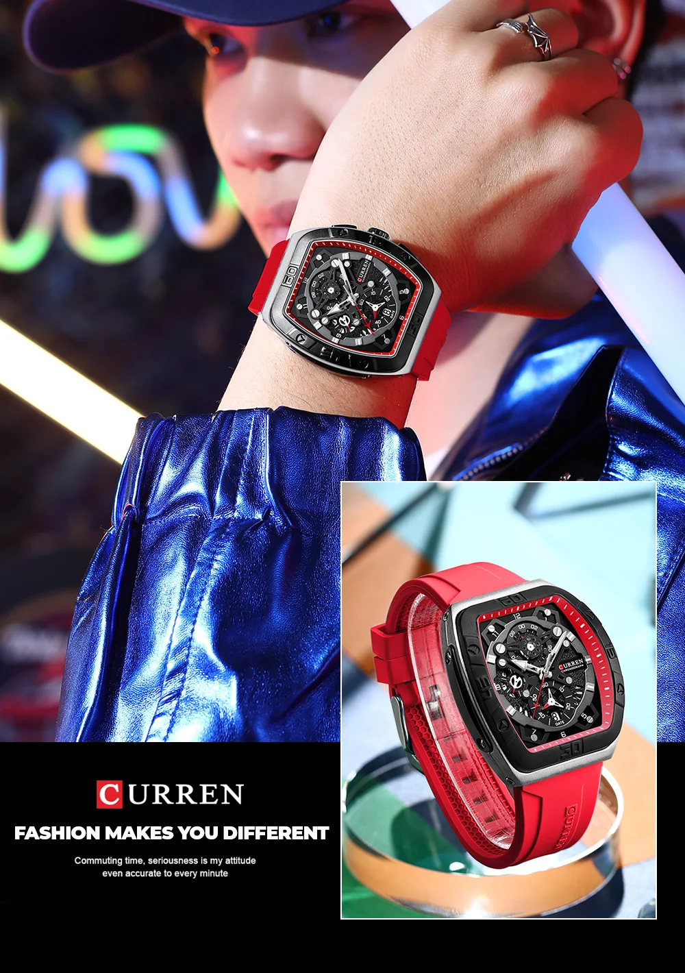 Einzigartige Tonneau-Uhren der Marke CURREN mit großem Zifferblatt, lässige Quarz-Armbanduhr mit Silikonarmband und leuchtendem 8443 – Detail 12