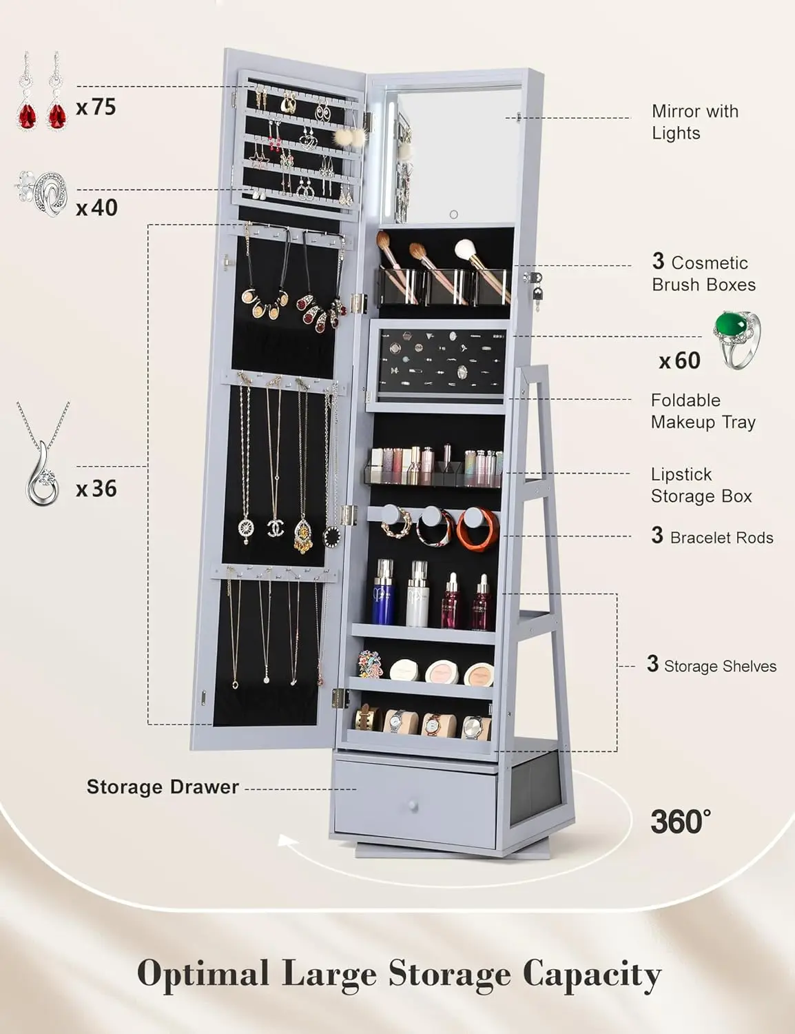 360° Swivel Jewelry Cabinet with Lights, Touch Screen Vanity Mirror, Rotatable Full Length Mirror with Jewelry Storage, Standing