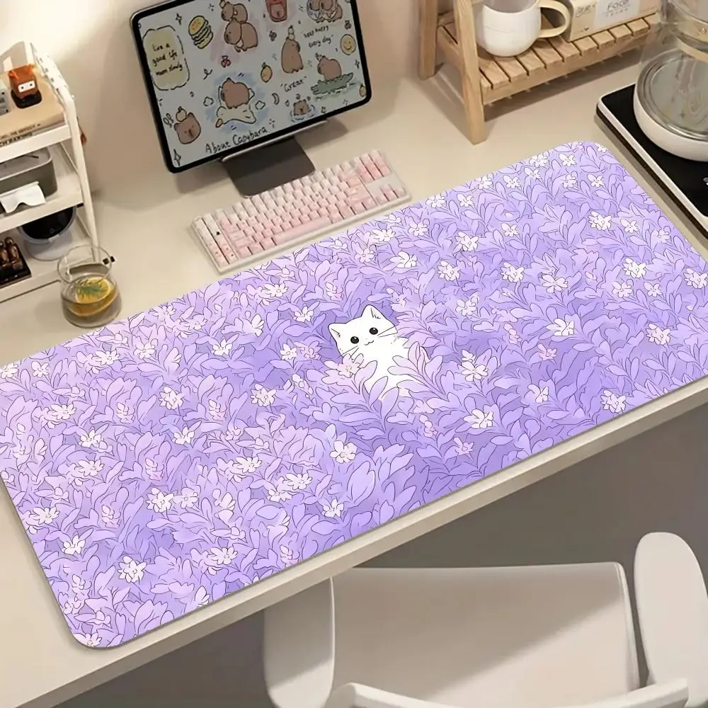 

Коврик для мыши с милым котом в лаванде, большой резиновый противоскользящий коврик для ПК, настольные аксессуары, коврик для мыши для офисов и геймеров, коврик для клавиатуры, декоративный коврик