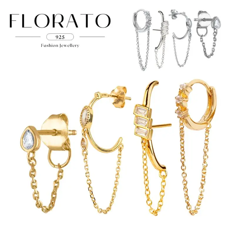 

FLORATO 925 Silver Ear Needle Geometric Rhombic Zircon Chain C-Shaped stud Earrings Tassel Earrings Fashion High-end Jewelry
