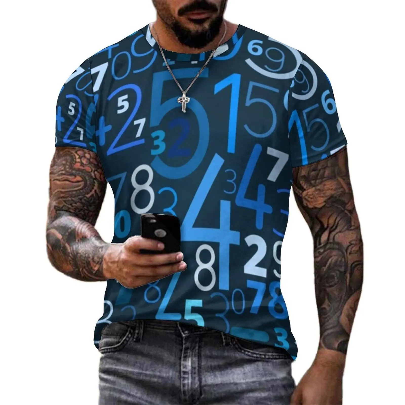 Oversized T-Shirt Summer Math Numbers T Shirts Colorful Code Print Y2K Fun O-Neck Tee Shirt Men Vintage Printed Clothes