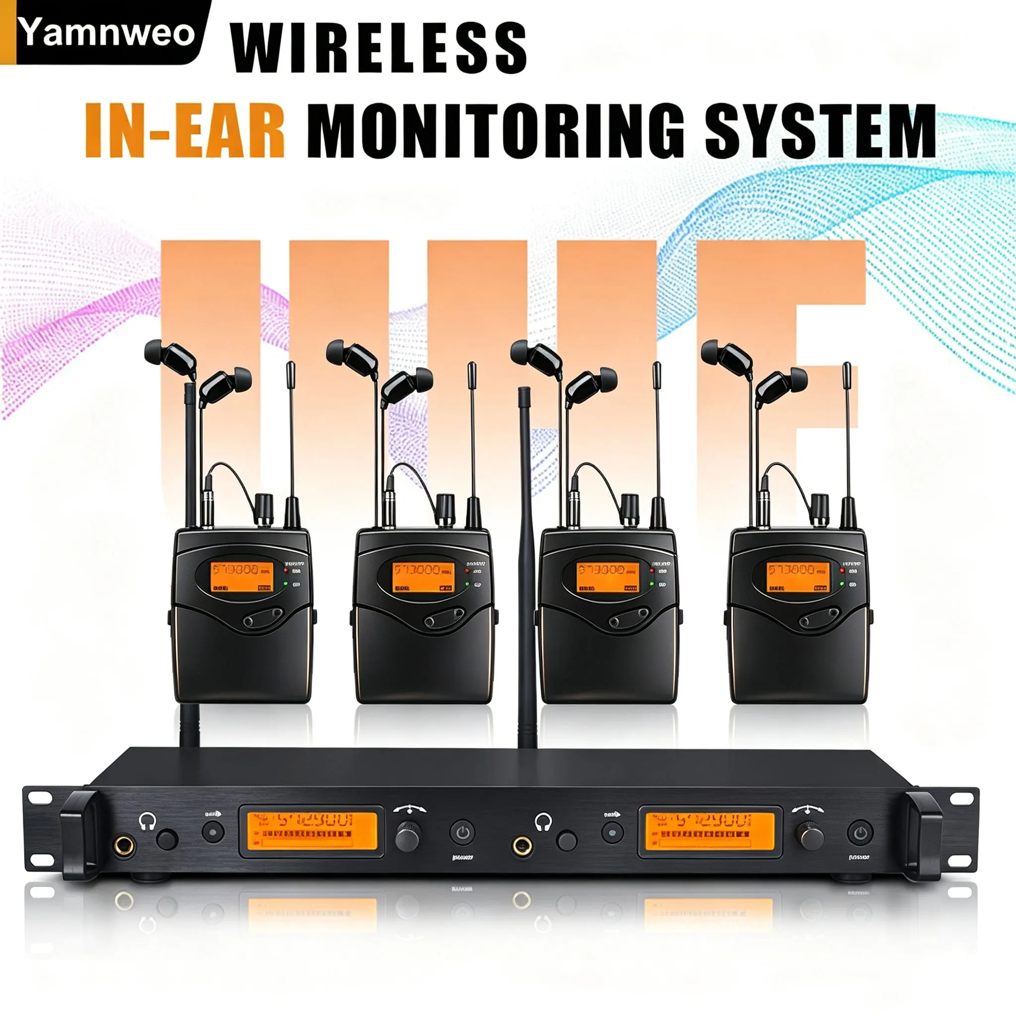 NXG GS40-EARBACK Dual Channel UHF Wireless In-Ear Monitor System, Rack Mount Metal Transmitter with 4 Bodypack Receivers, 200 Adjustable Frequency Channels, Stable Anti-Interference Signal, Real-Time LCD Monitoring for Stage Performance, Band Rehearsal