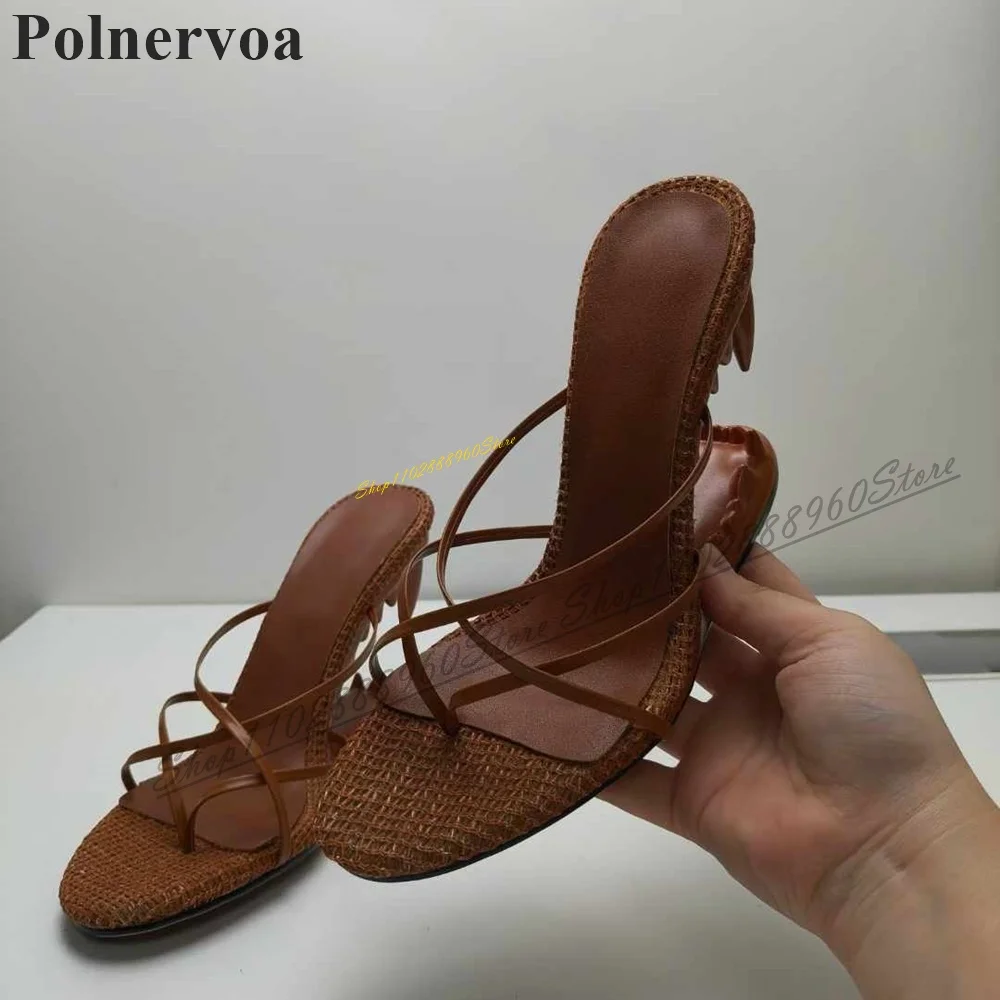 Coffee Narrow Cross Band Teeth Heel Flip Flops Strange Style Heel Women Shoes Slip On Open Toe 2024 Fashion Zapatos Para Mujere