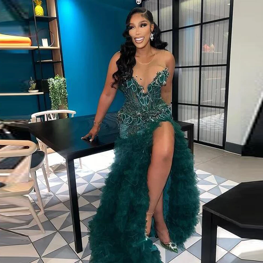 2024 Evening Gowns Aso Ebi Party Dress Hunter Green Slit Prom Dresses With Sheer Neck Major Beads Tiered Bottom Luxury Mermaid