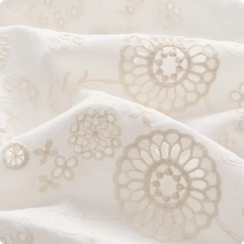 

White polyester cotton mesh embroidered fabric with floral patterns for women's dress coat handcrafted fabric