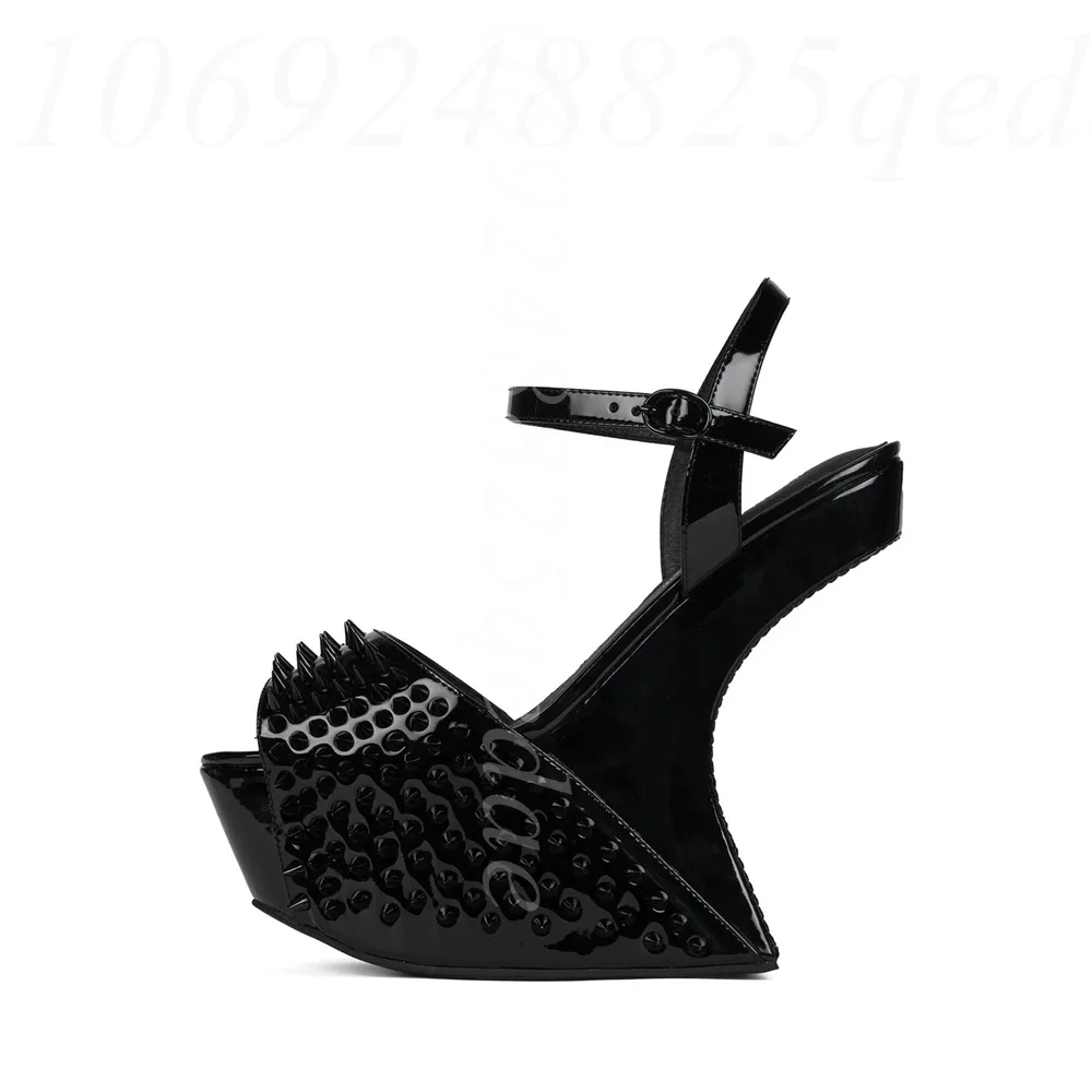

Edgy Patent Leather Platform Wedge Heel Sandals Rivets Open Toe Ankle Strap Punk High Heels Shoes for Club & Gothic Party Outfit