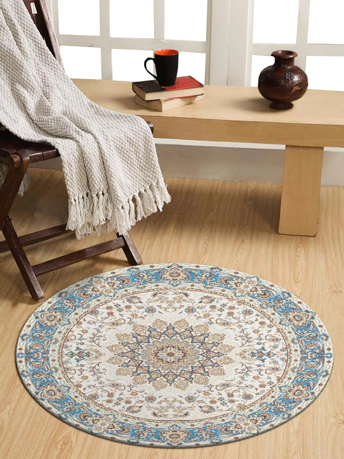 Crystal velvet carpet floor mat round blue frame non-slip waterproof easy to clean bedroom living room mat entry mat table mat