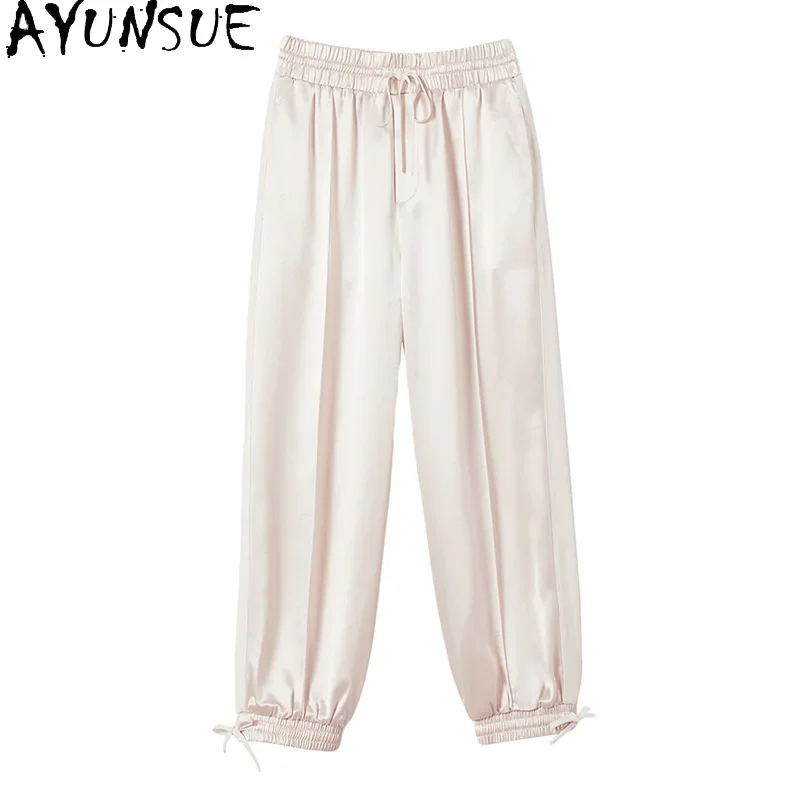 

AYUNSUE 95% Mulberry Silk Pants Women 2024 Elegant Fashion Trousers Womens High Waisted Baggy Pants Summer Clothes Pantalones