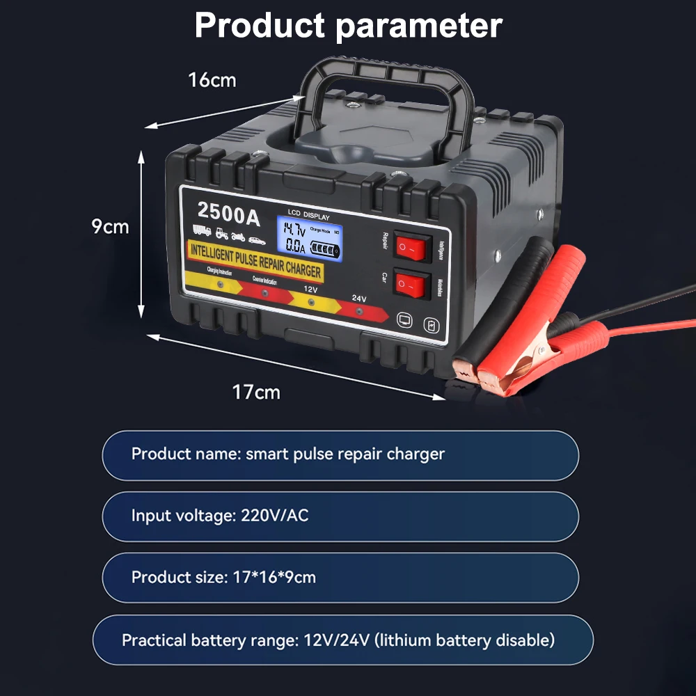 Cargador inteligente de reparación de pulso, 12V, 24V, 220W, pantalla LCD Digital, cargador rápido para coche, motocicleta, batería de plomo-ácido, enchufe europeo