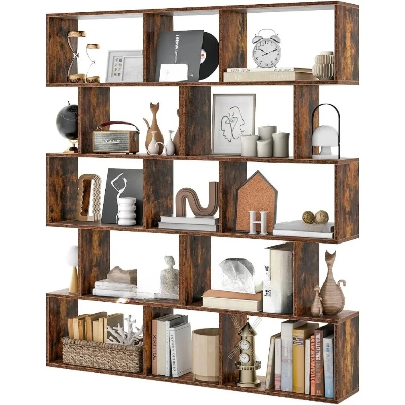 5-Tier Geometric Bookshelf Set of 2, 62.5 Tall Wood Industrial S-Shaped Bookcase with Anti-Tipping Device, Floor Standing