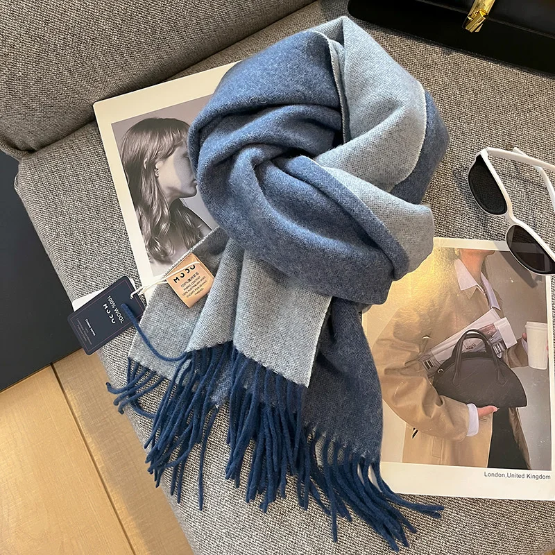 100% Wool Scarf For Women Men British Style Tartan Solid Cashmere Scarves With Tassel Female Winter Warm Neck Scarf Shawl 2024