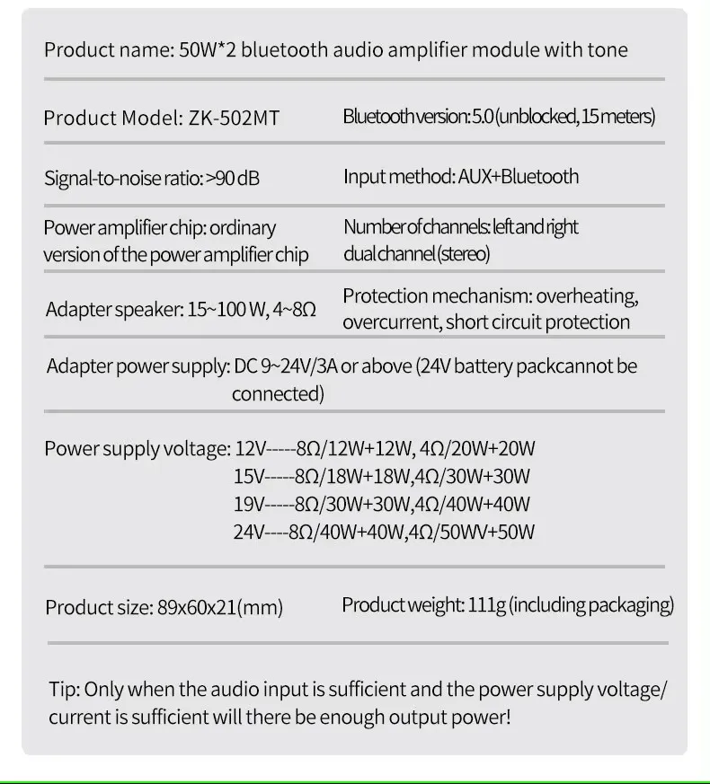 ZK-502MT Bluetooth 5.0 scheda amplificatore Subwoofer scheda amplificatore Stereo Audio ad alta potenza a 2.0 canali 2 x50w Bass AMP